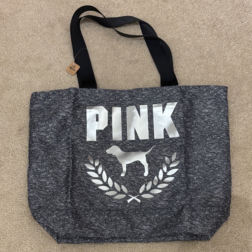 NWT PINK Victoria's Secret Black and Gray Tote Duffel Gym Bag - 21”x16”x7”